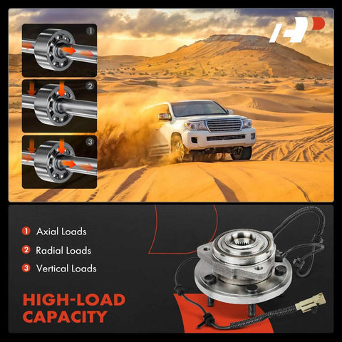 Vehicle driving on sandy terrain illustrating Pair Of Front Wheel Bearing And Hub Assemblies With ABS For Jeep Commander 2006 To 2010 And Grand Cherokee 2005 To 2010 5 Lug 4WD And RWD Heavy Duty Built For Smooth Quiet Rides with load capacity details.
