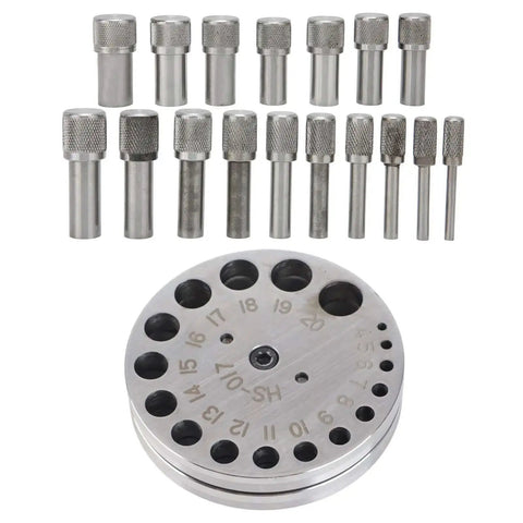Pro Grade Disc Cutter Set For Jewelry Making With Seventeen Dies Heavy Duty Metal Forming Punch Tool arranged with circular base