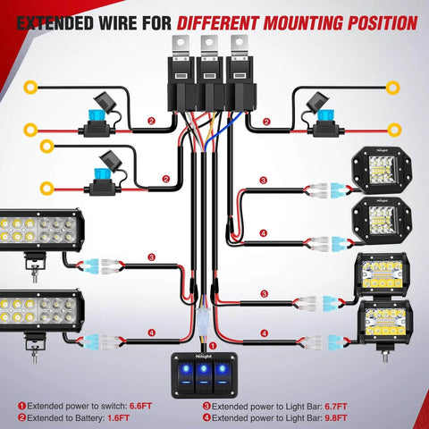 Diagram of 12V LED Light Bar Wiring Harness Kit With 3 Gang Rocker Switch Panel, showing connections and extension wires for installation.