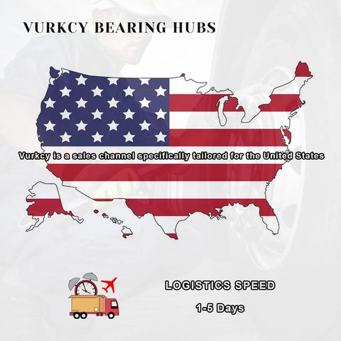 Map of USA with text 'Vurkcy Bearing Hubs' and 'Logistics Speed 1-5 Days', showcasing American flag design