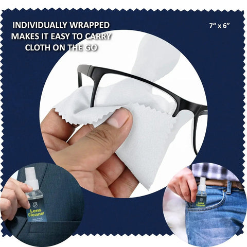 Eyeglass Lens Cleaner Kit With 8oz Bottles And 12 Microfiber Cloths Streak Free, showing microfiber cloth cleaning glasses.