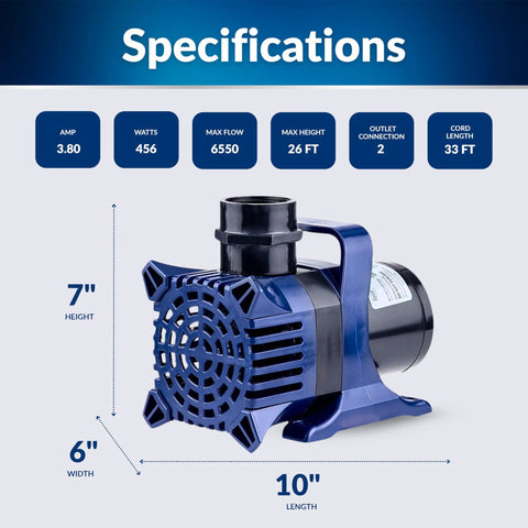 Blue submersible pond pump, 10in long, 7in tall, 6in wide, 6550 GPH, 2in outlet, 33ft cord.