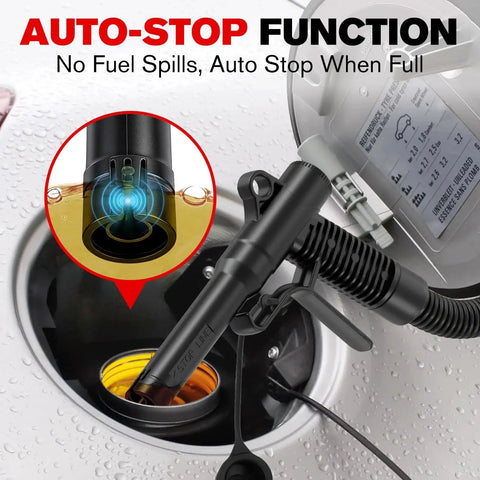 Battery Powered Fuel Transfer Pump With Auto Stop, 3.8 GPM, shown with auto-stop nozzle in use for spill-free refueling