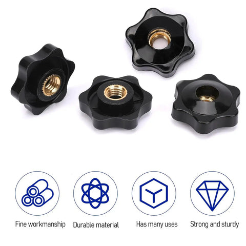 20 Pack 1/4-20 Star Knobs With Brass Insert Hex Head For Jigs And Clamping, showing four black knobs with brass inserts