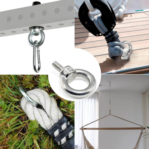 Collage of 12 Pack M4 Lifting Eye Bolts 304 Stainless Steel Heavy Duty used in different settings for lifting and rigging