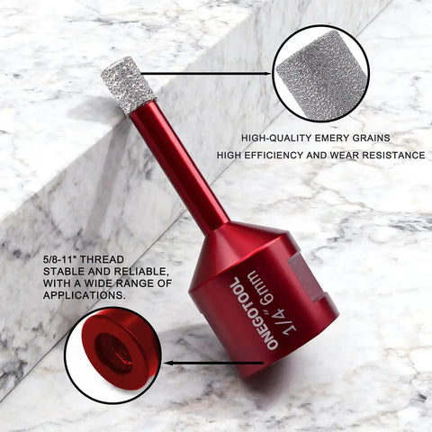 Diamond Hole Saw Set For Porcelain Ceramic Concrete Granite Marble Tiles With 6mm Shank Core Drill Bits And Five Eighths Inch Thread For Angle Grinders Pro Grade Performance Smoother Cutting Faster Drilling Reduced Heat 2 Pack By OneGoTool shown on marble surface