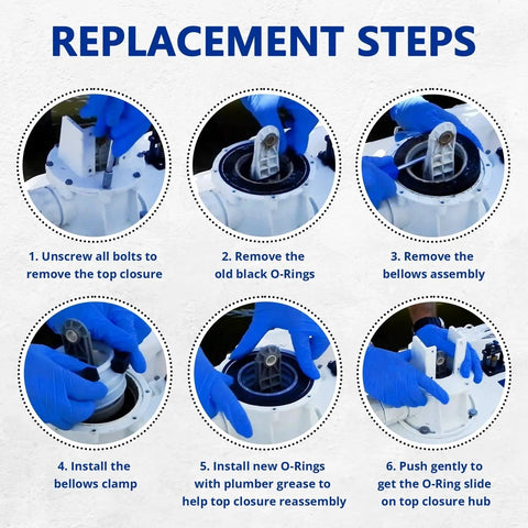 Installation steps for Toilet Pump Bellow Kit For Dometic Sealand VG VHT Series Vacuflush including bushing and bolt 385230980