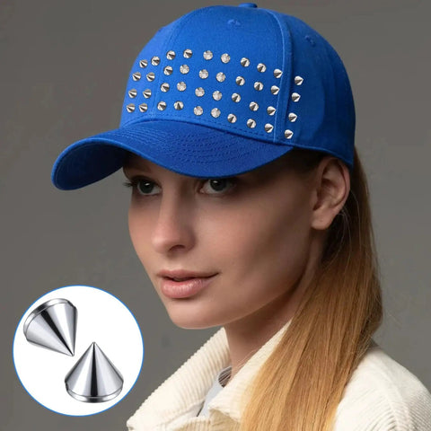 Person wearing blue cap embellished with 8 mm Bullet Cone Studs 100 Pcs Silver Punk Flatback Spikes for DIY Leather