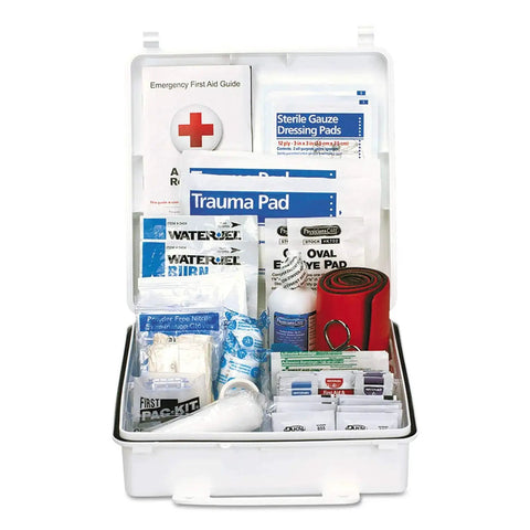 ANSI 2015 B And OSHA Compliant 50 Person First Aid Kit With 199 Pieces, open view showing bandages, gloves, and emergency supplies.