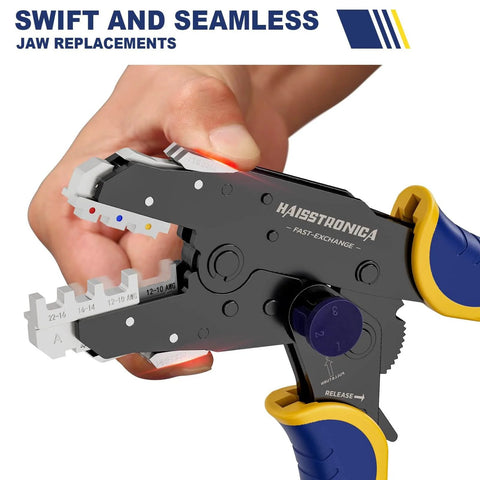 Eight Piece Rapid Replace Ratchet Crimping Tool Set With Pressure Regulation And Automatic Wire Stripper close-up view