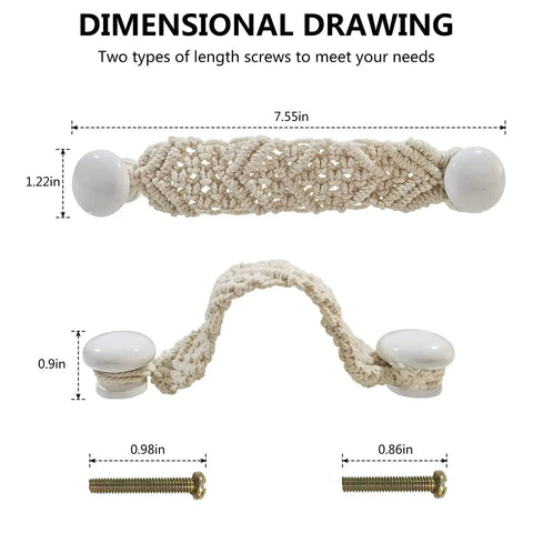 Dimensional drawing of Bohemian Style Braided Rope Wooden Cabinet Pulls 4 Pack Hand Woven Cotton Rope Handles with screws