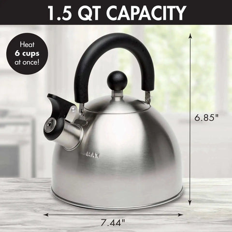 Whistling Stovetop Tea Kettle With Food Grade Stainless Steel, 1.5 Quart Capacity, Boils Fast, No Waiting, Cool Touch Folding Handle