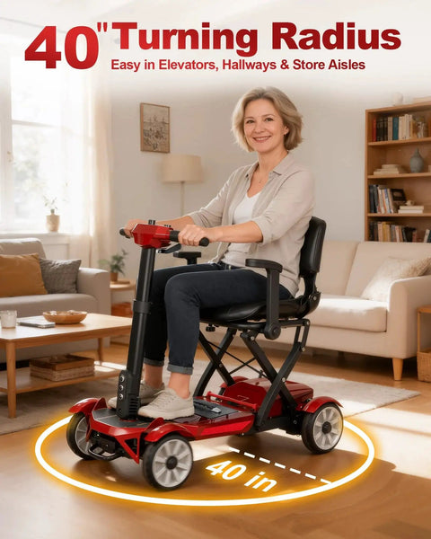 Ecomobi M4 red 4-wheel mobility scooter for adults, indoor living room scene