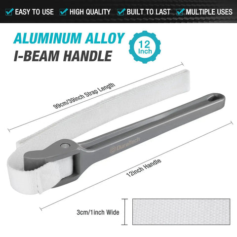 12 Inch Strap Wrench With Adjustable Nylon Strap For Pipe Wrenches And Oil Filter Removal, lightweight aluminum handle, dimensions shown