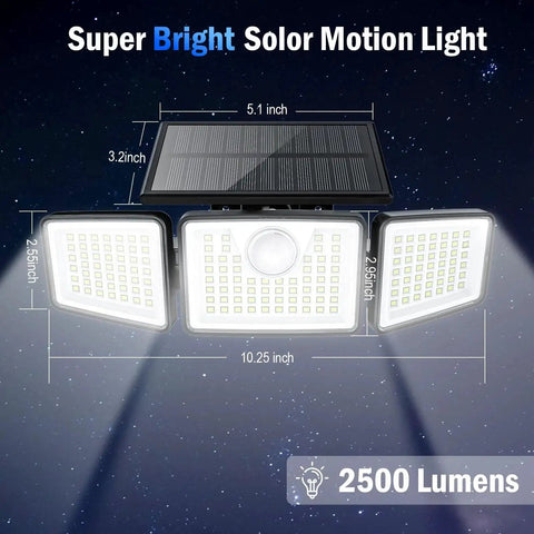 Solar 3 Head Motion Sensor Lights 270 Wide Area IP65 Outdoor Security 3 Modes with 2500LM brightness, three adjustable heads
