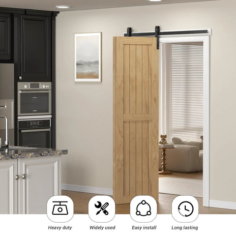 Beefy 3.5 Ft Bi Folding Sliding Barn Door Hardware Kit installed on doorway with wooden door panel, black finish