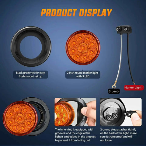 Product display of 2 Inch Round Amber Marker Light With 9 LEDs, Flush Mount Clearance Light, Plug Grommet Pigtail, Hardwired 12V.