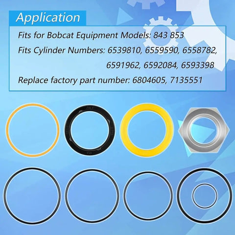 Tilt Hydraulic Cylinder Seal Kit For Bobcat Skid Steer Loader Models 630 631 632 642B 643 645 653 730 731 732 741 742 743 751 753 843 853 Replaces 6804605 Beefed Up Heavy Duty Direct Replacement Kit components shown with application details.