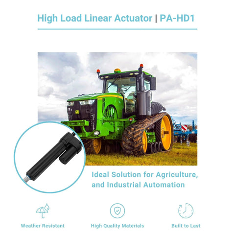Built Tough 24V Linear Actuator With 6 Inch Stroke, 1574 Lb Push Pull Or 2248 Lb Hold, Stainless Steel Shaft next to tractor