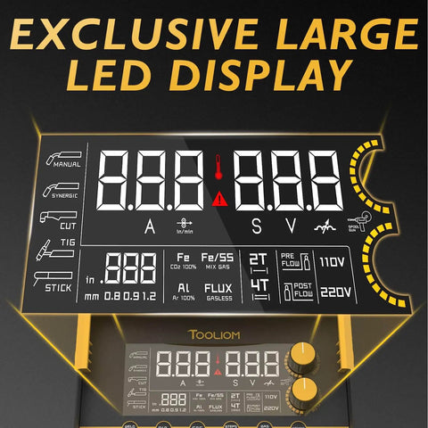 Exclusive large LED display of Do It All Six In One Welder For MIG TIG Stick Flux Core Spool Gun And Plasma Cutter