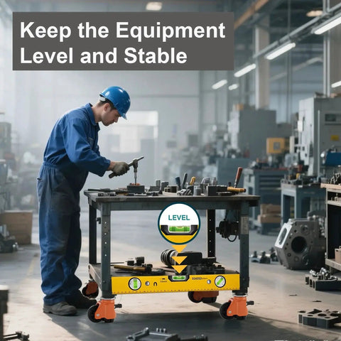 Worker adjusts workbench with plate caster leveling wheels with ratchet handle, industrial use heavy duty retractable casters