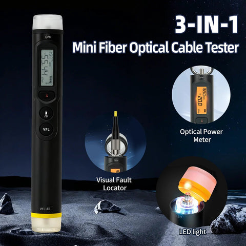 Amazon TFN 3-in-1 fiber optic tester handheld black device with LCD display and yellow base.