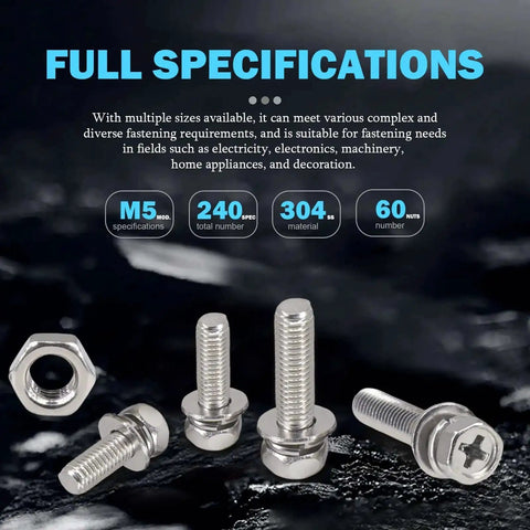Heavy Duty M5 Screws And Nuts Set 260 Piece Stainless Steel Kit With Washers Hex Head Bolts showcased with specifications