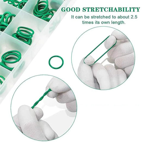 Ultimate 270 Piece Rubber O Ring Kit Metric Size Assortment showing green o-rings in labeled box and stretch test demonstration