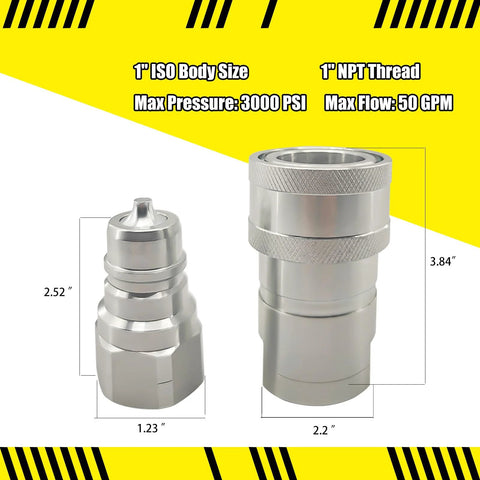 Hydraulic quick-connect coupler set with 1'' NPT thread, 1'' ISO body, dust cap, carbon steel, two fittings (Amazon).