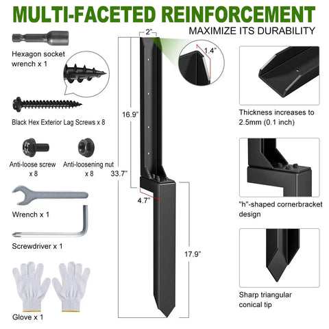 Components and features of Heavy Duty Steel Fence Post Repair Kit Ground Spike Anchor For Fixing Leaning Or Broken Wood Posts
