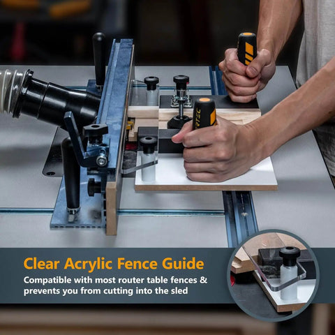 Person using Pro Grade Rail Coping Sled For Router Tables And Jigs, Delivers Precise Cabinet Door Joints And Drawer Front Cuts