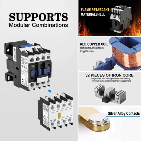 Collage showing features of AC Contactor CJX2-1810 3 Pole Normally Open 24V Coil 380V Ue 18A Ie with modular design and material details.