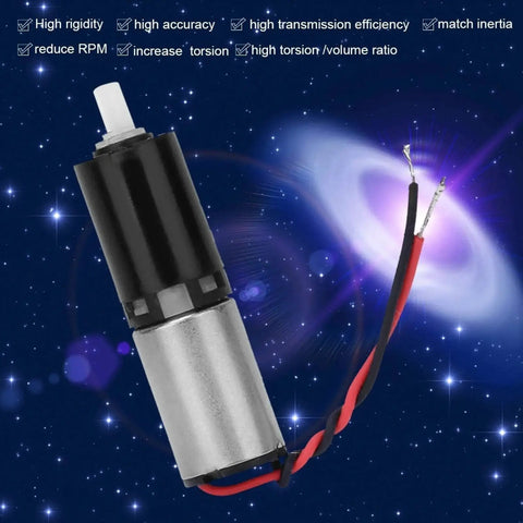 Six Millimeter Precision Mini Micro Planetary Gear Reducer For DC 3V Motors three stage reduction with high torque shown in space theme.