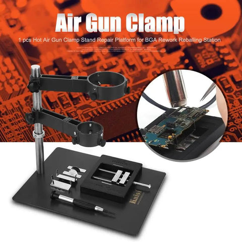 Sturdy Adjustable Hot Air Gun Holder With Cast Aluminum Base Clamp And Two Fixtures For BGA Rework Soldering Station.