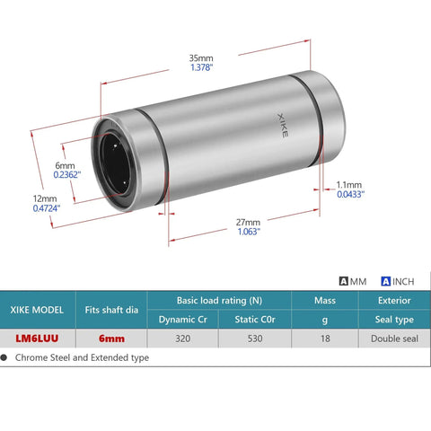 Diagram of Two Pack LM6LUU Sealed Linear Ball Bearings 6x12x35mm, showing dimensions and features, by XIKE.