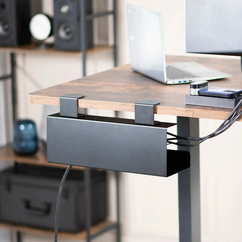 No Drill Clamp On 17 Inch Power Strip Tray for under-desk cable management, heavy-duty steel, black, installed on wooden desk