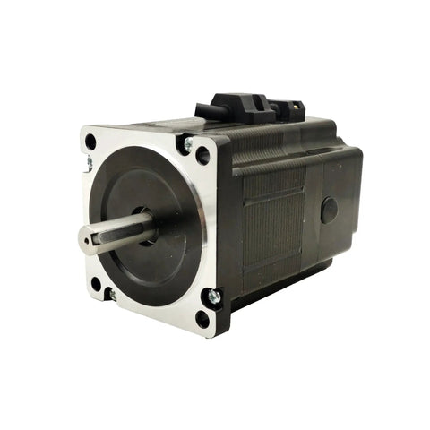 NEMA 34 86mm stepper motor with protruding shaft; black housing and silver front faceplate.