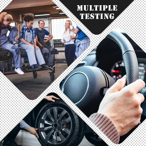 Collage of wheel testing, steering wheel close-up, and mechanics sitting in workshop for multiple car testing scenarios.