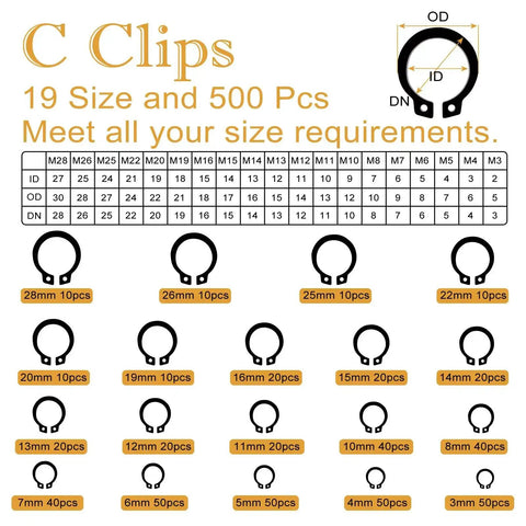 Heavy Duty C And E Clip Assortment Kit With 1000 Pieces, C clip selection chart from M3 to M28, black carbon steel.