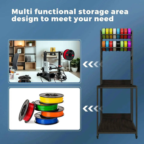 Beefed Up Heavy Duty 3D Printer Stand With Double Layer Filament Storage Rack shown with spools, on wheels for studio office use.