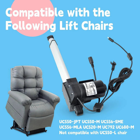Lift Chair Actuator Replacement For Richmat HJA58 And GM1450-LM next to an electric recliner and wiring components.