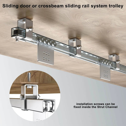 Beefy 8 Wheel Beam Trolley Assembly For Unistrut 1-5/8 Inch Wide Taller Channel Track installed on wooden structure