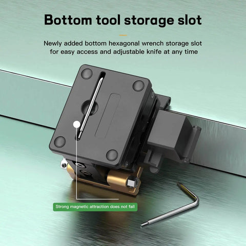 Image of the Beast Mode Fiber Optic Cleaver with bottom tool storage slot, including hexagonal wrench and adjustable knife.