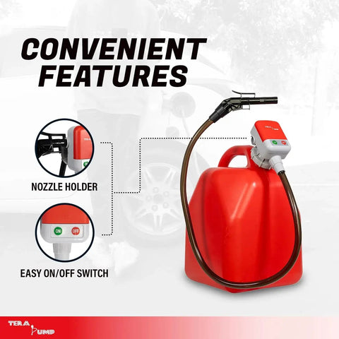 5th Gen Fuel Transfer Pump With Overfill Protection 2.7 GPM Universal Gas Can Adapter shown attached to a red gas can.