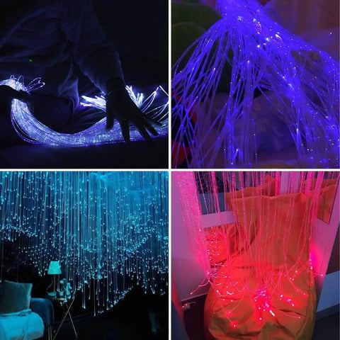 Side Glow Fiber Optic Curtain Lights 6.5 Ft Pack of 50 Strands for Autism Rooms, illuminated in various colors for sensory lighting.