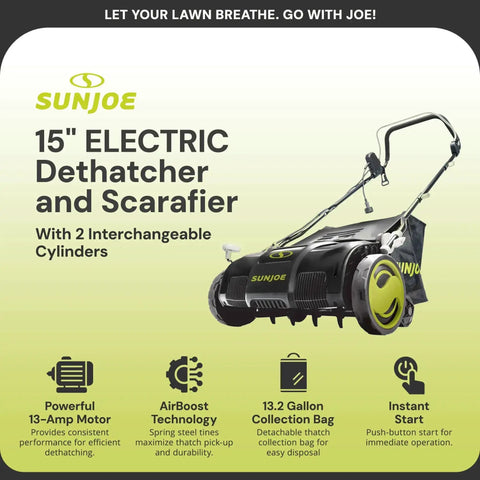 15 Inch Electric Lawn Dethatcher With Scarifier Blade Reel And Collection Bag For Grass Thatch Removal Powered By A 13 Amp Corded Yard Power Rake Tool Built For No Fuss Cleanups And Greener Lawn Care AJ805E with SunJoe branding