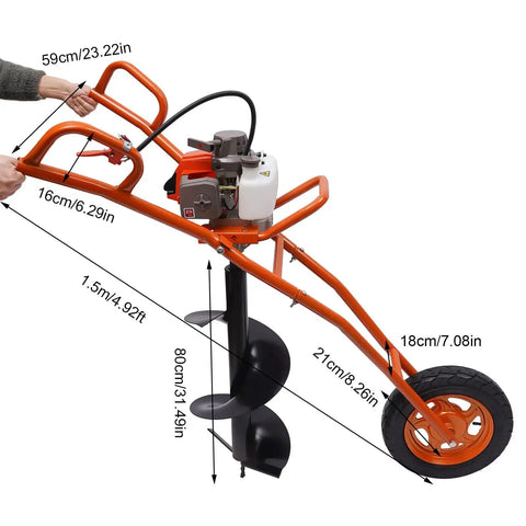 Powerful 63cc 2 Stroke Hole Digger Earth Auger Drill for Quick Potholing and Planting, Gas Powered Boring Machine with 3.15 Inch Drill Bits Included, Hand Push Cart With Single Wheel Kebayuneth