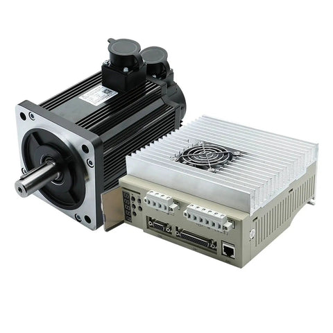 Angled view of black AC servo motor with ribbed housing and silver matched drive unit