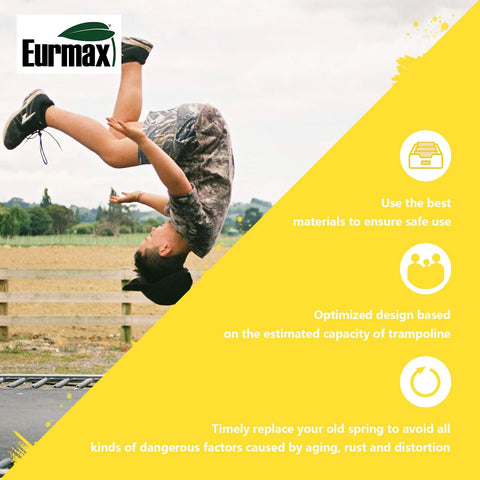 Trampoline with a person performing a backflip outdoors; Eurmax logo in the top-left and a yellow overlay on the right.