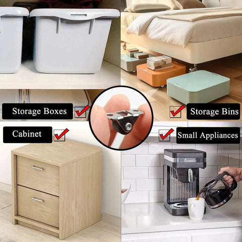 Mini Fixed Caster Wheels Half Inch Low Profile Plate Non Swivel 8 Pack shown installed on storage boxes and bins